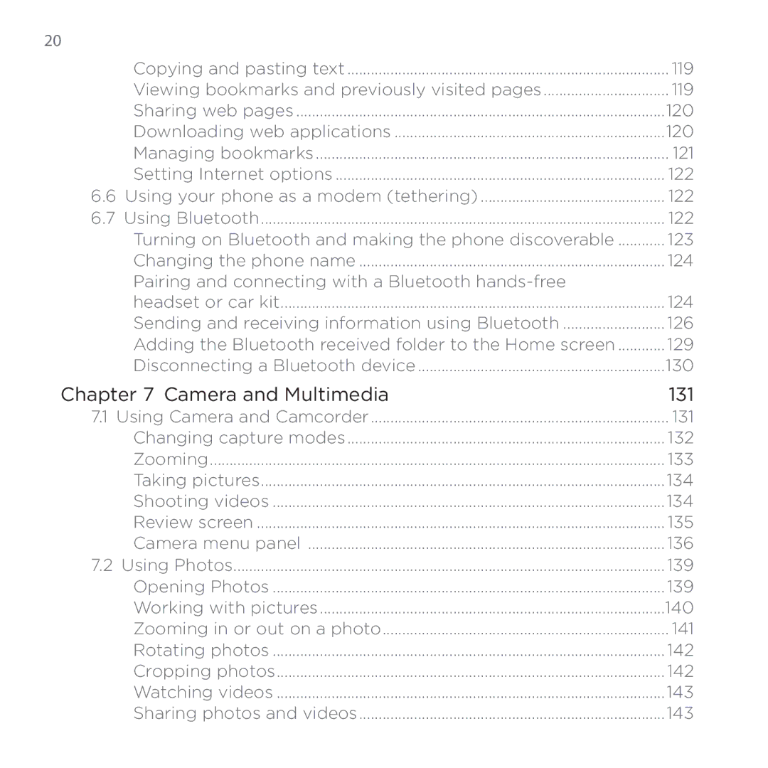 HTC 200 20 , Viewing bookmarks and previously visited pages 119, 120, 121, 122, 124, 130, 131, 132, 133, 134, 135, 136 